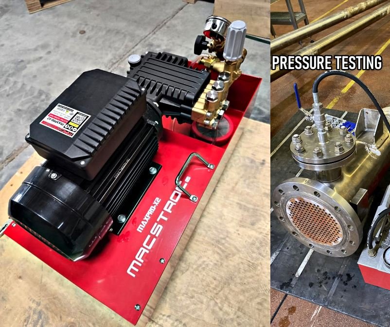Macstroc Electric Pressure Test Pumps – FLOWPRO-X1 & MAXPRO-X2<br />
Macstroc’s Electric Pressure Test Pumps are engineered for precision, durability, and high performance in industrial pressure testing applications. These pumps are ideal for testing plumbing systems, pipelines, and pressure vessels across a range of commercial and industrial setups.</p>
<p>The FLOWPRO-X1 delivers up to 50 BAR pressure with a 1600W motor, offering a flow rate of 10 L/min, making it efficient for standard applications.</p>
<p>The MAXPRO-X2 is built for heavy-duty tasks, delivering up to 100 BAR with a powerful 3000W motor, and a high flow rate of 20 L/min for quicker, more intensive testing.</p>
<p>Both models feature 220V operation, ensure reliable pressure output, and are housed in a robust frame with durable components, suitable for demanding job sites.
